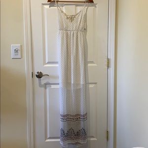 White Maxi Dress with Red & Blue Floral Accent